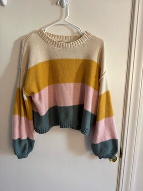 Billabong Colorblock Crewneck Sweater in Cream, Mustard, Pink & Teal